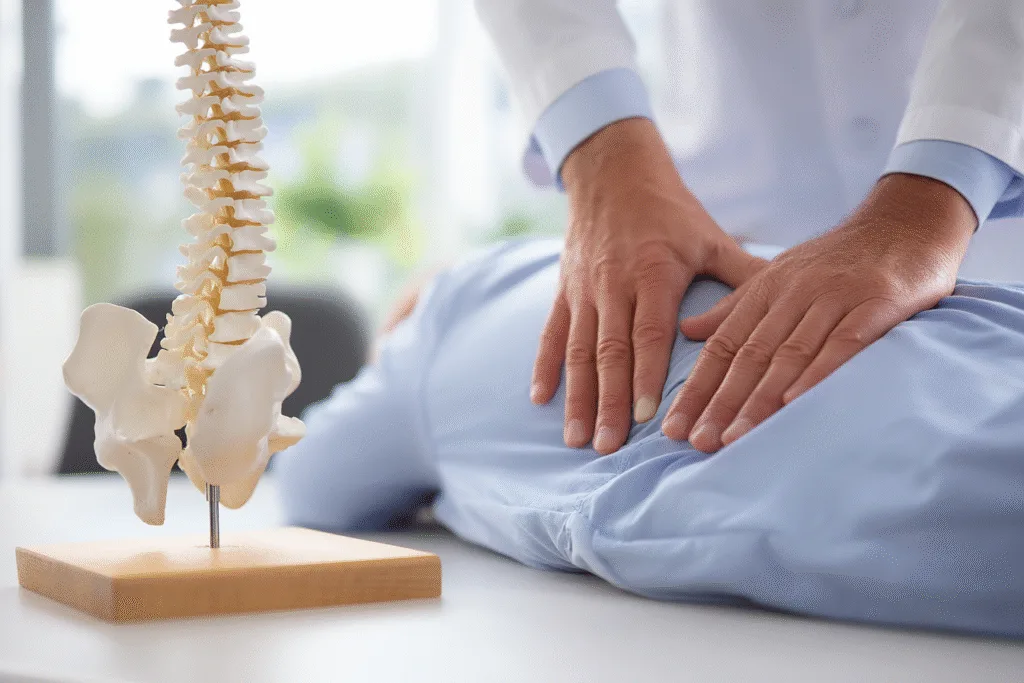 Chiropractor consulting with a patient in a bright clinic setting