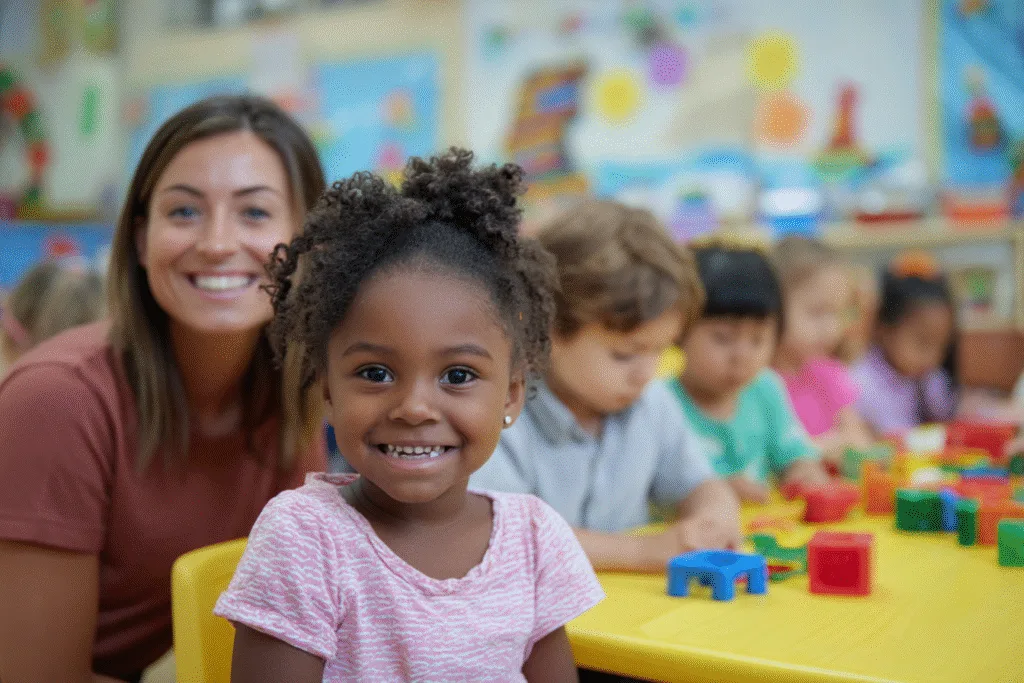 Children playing in a colorful daycare center