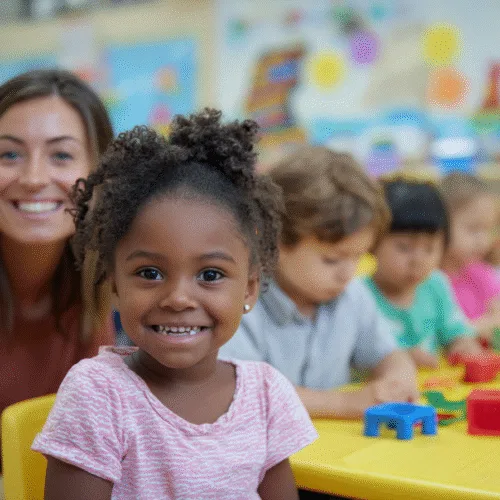 Children playing in a colorful daycare center