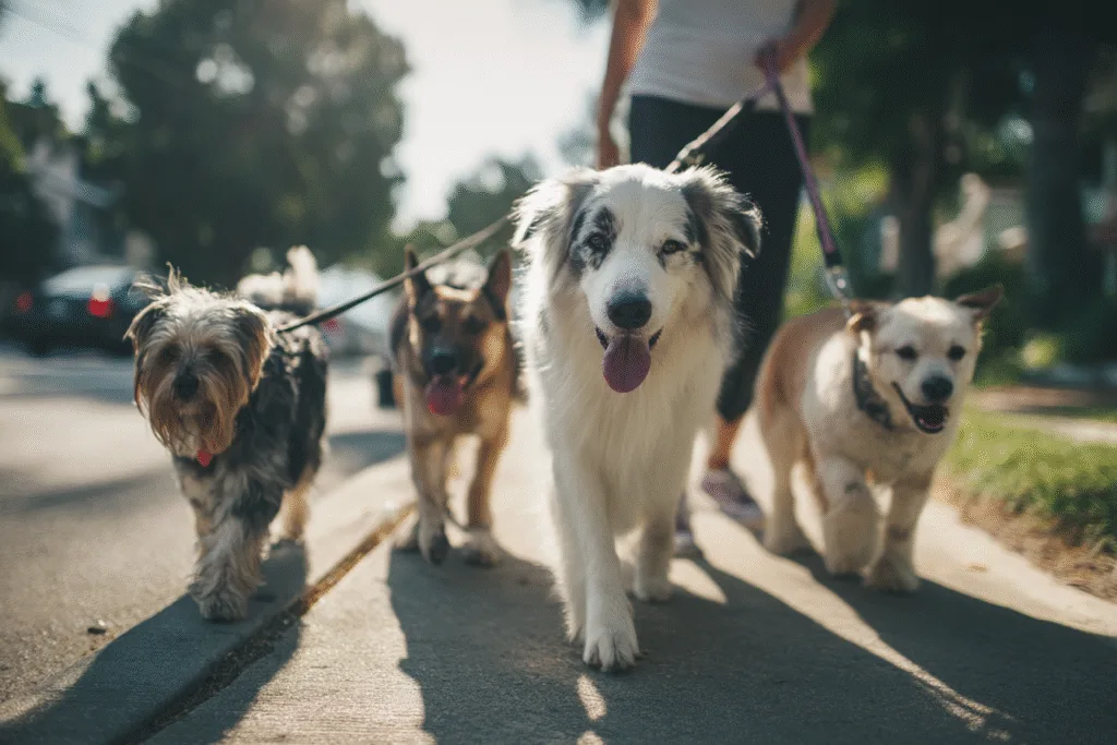 Dog walker with pets and a user-friendly website interface