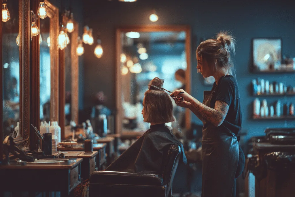 Interior view of a modern hair salon with styling stations