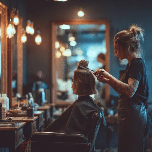 Interior view of a modern hair salon with styling stations