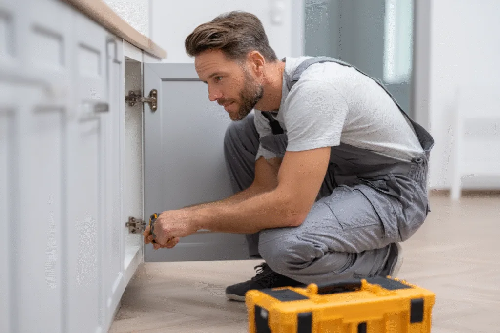 Handyman working on a repair with tools in hand