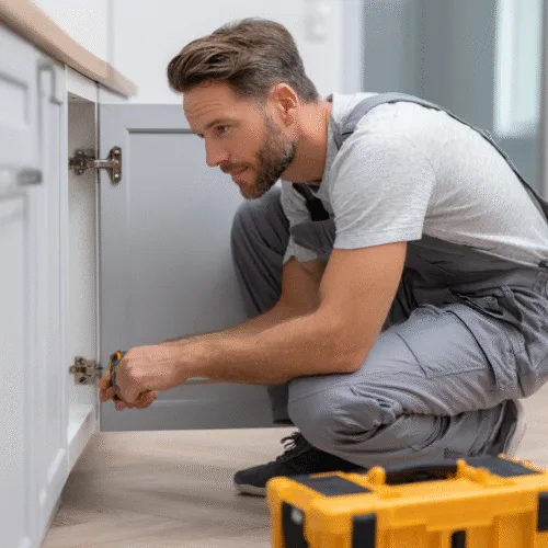Handyman working on a repair with tools in hand