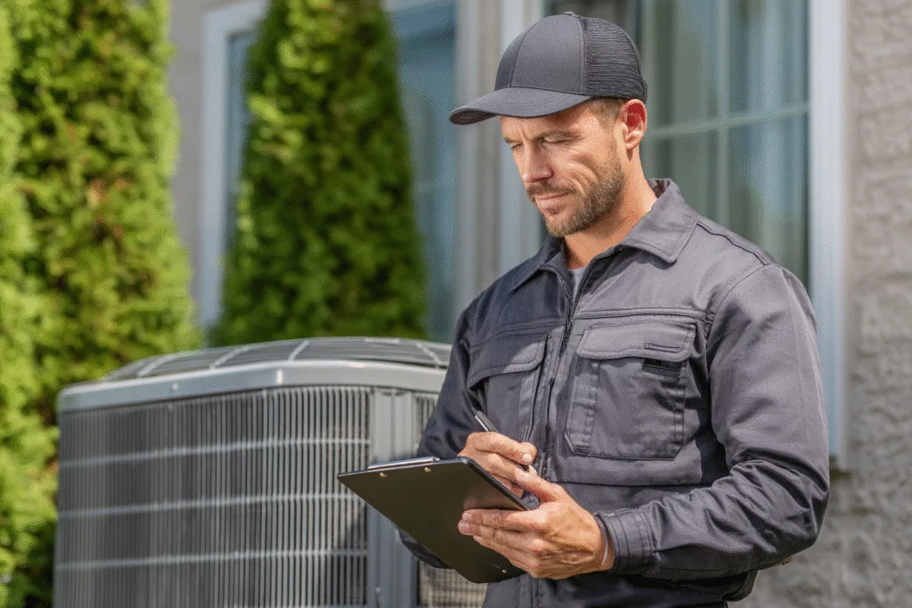 HVAC technician working on heating system with a sleek website interface displayed on tablet