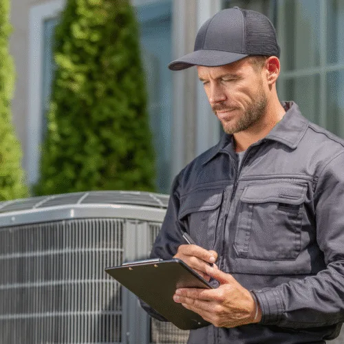 HVAC technician working on heating system with a sleek website interface displayed on tablet