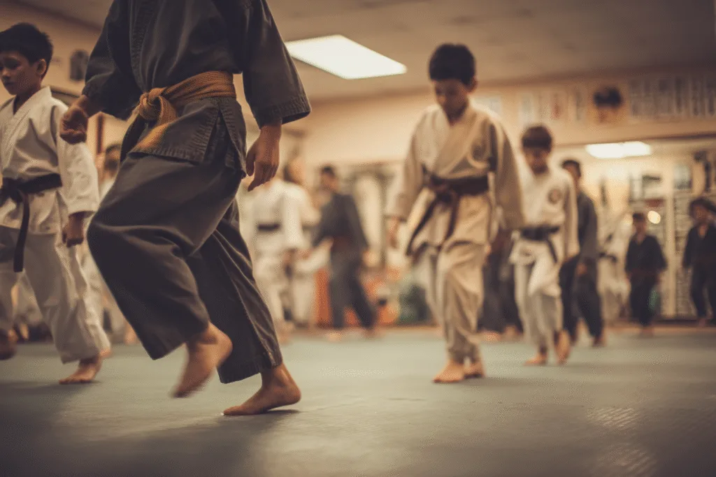 Martial arts students practicing in a modern dojo