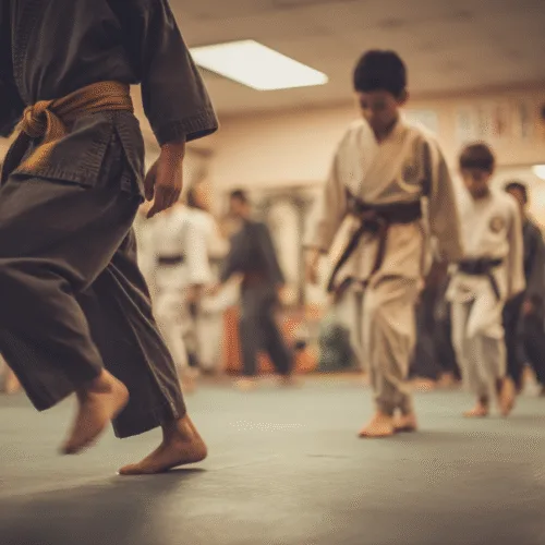 Martial arts students practicing in a modern dojo