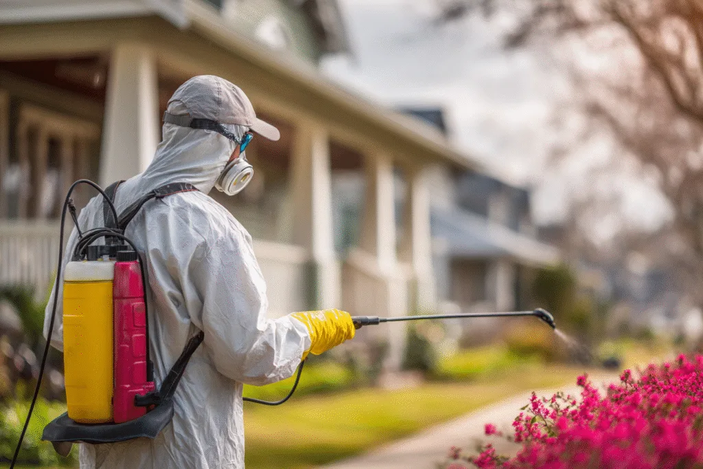 Illustration of a pest control technician inspecting a property with a professional website interface.