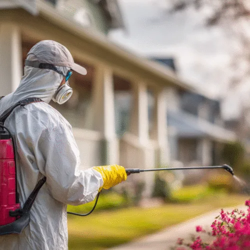 Illustration of a pest control technician inspecting a property with a professional website interface.