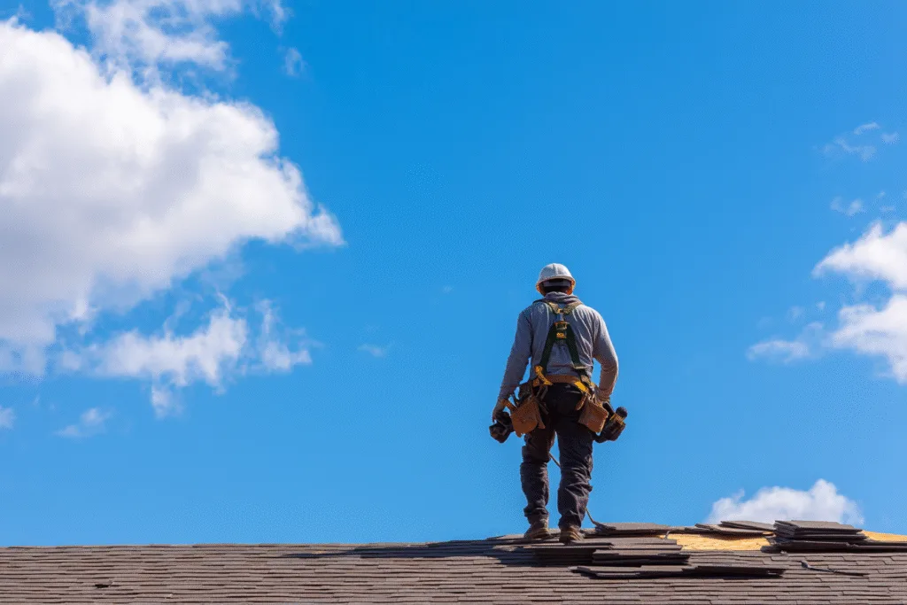 Roofing contractor team working on a roof
