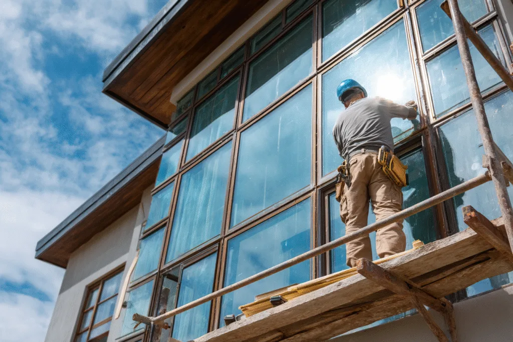 Modern window contractor website homepage with images of window installations and contact info.