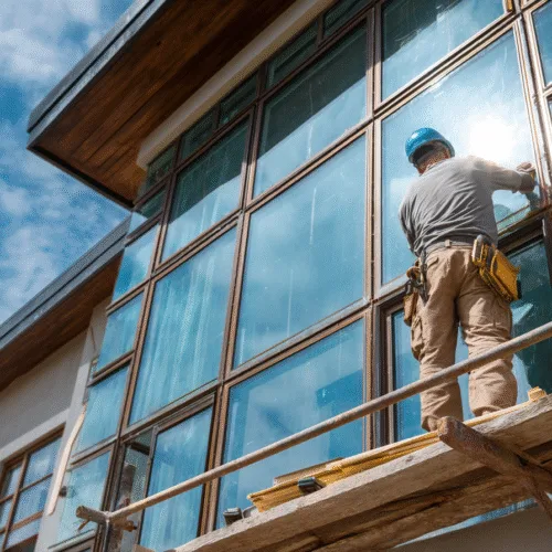 Modern window contractor website homepage with images of window installations and contact info.