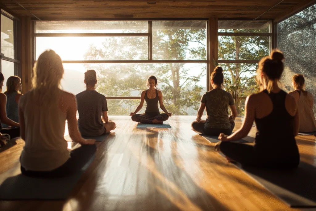 Interior of a yoga studio with mats and natural lighting