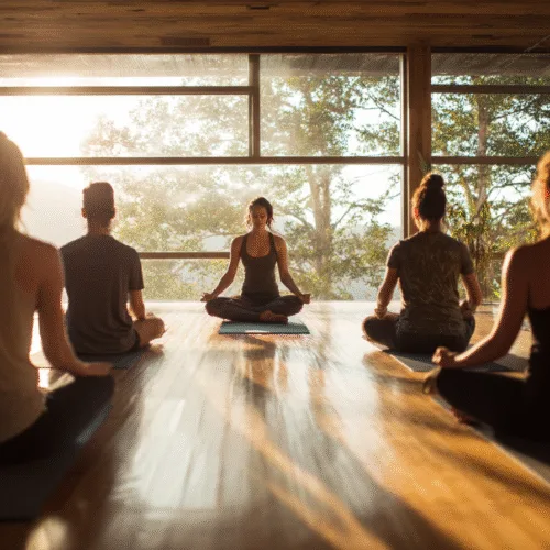 Interior of a yoga studio with mats and natural lighting
